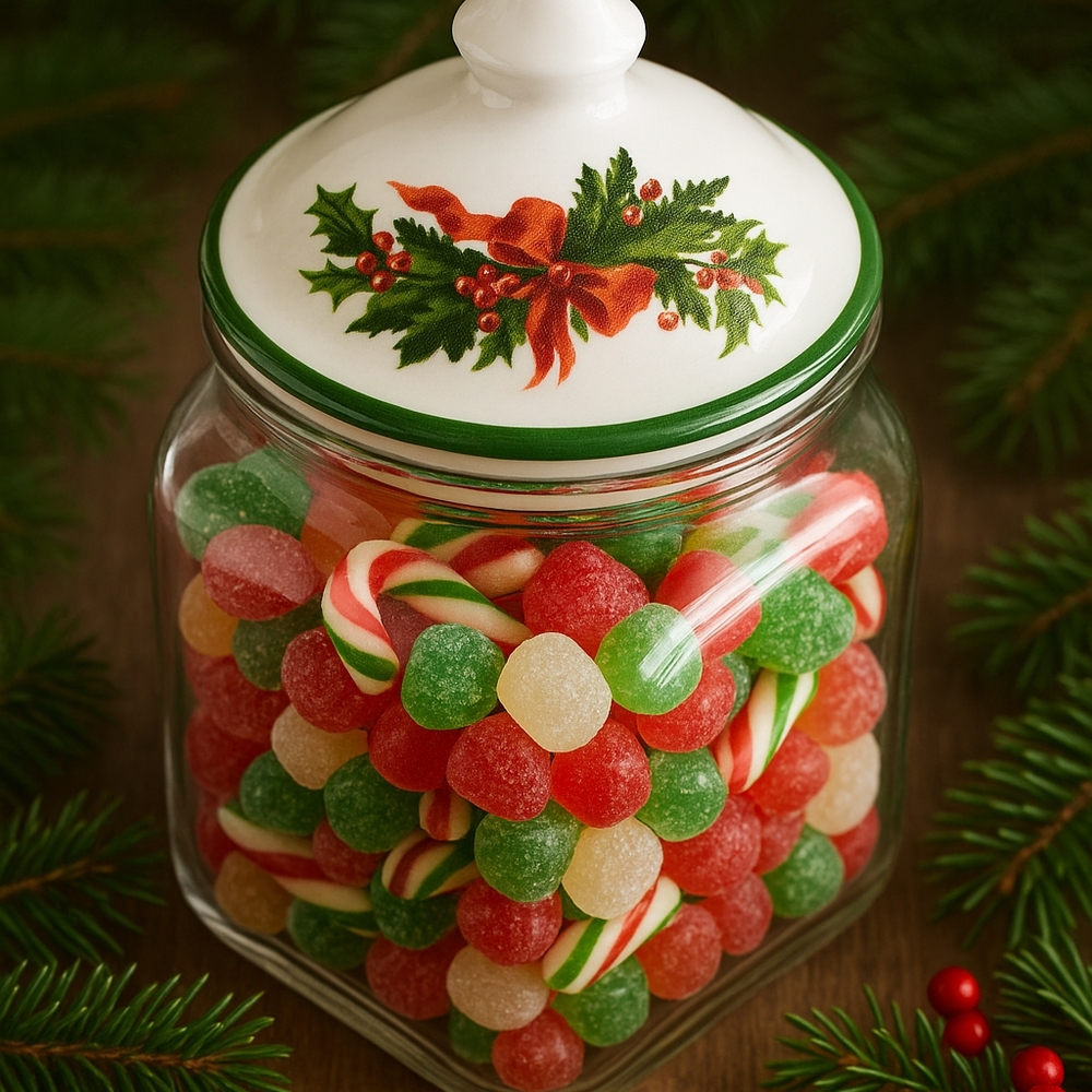 VTG Pfaltzgraff Christmas Heritage Glass Canister with Ceramic Lid  Made in USA